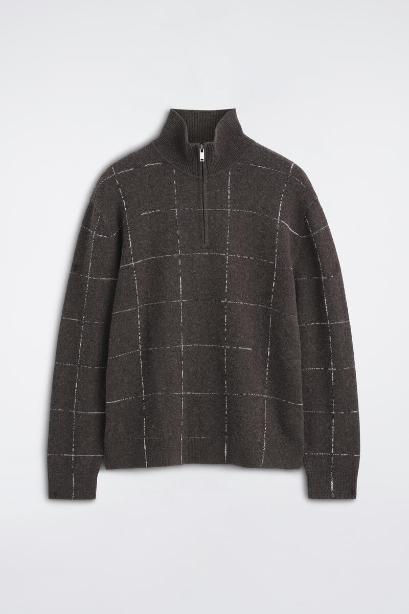 Checked Wool-Cotton Zip-Up Sweater