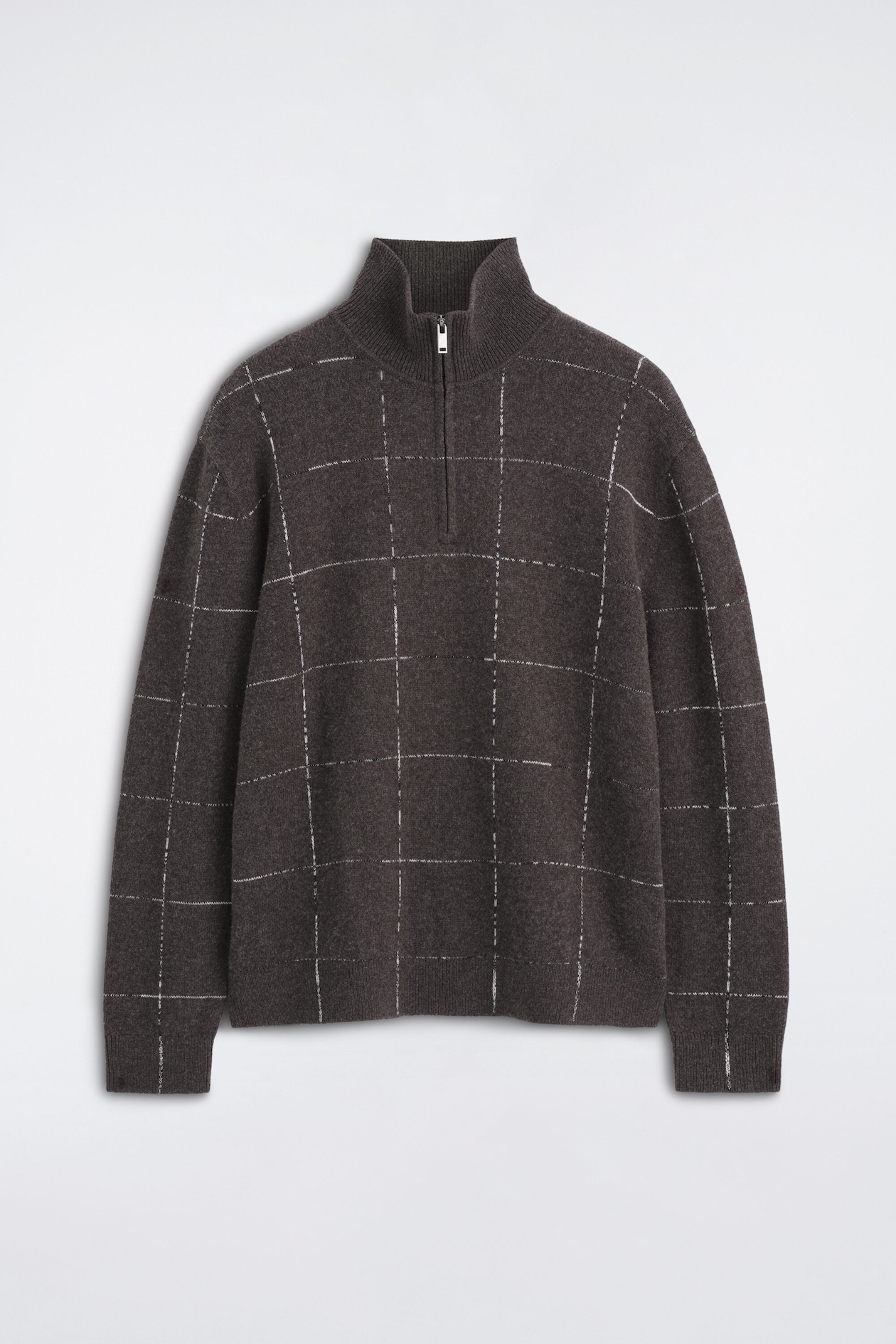 CHECKED WOOL-COTTON ZIP-UP SWEATER — BROWN / CHECKED