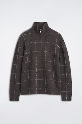 CHECKED WOOL-COTTON ZIP-UP SWEATER — BROWN / CHECKED 7