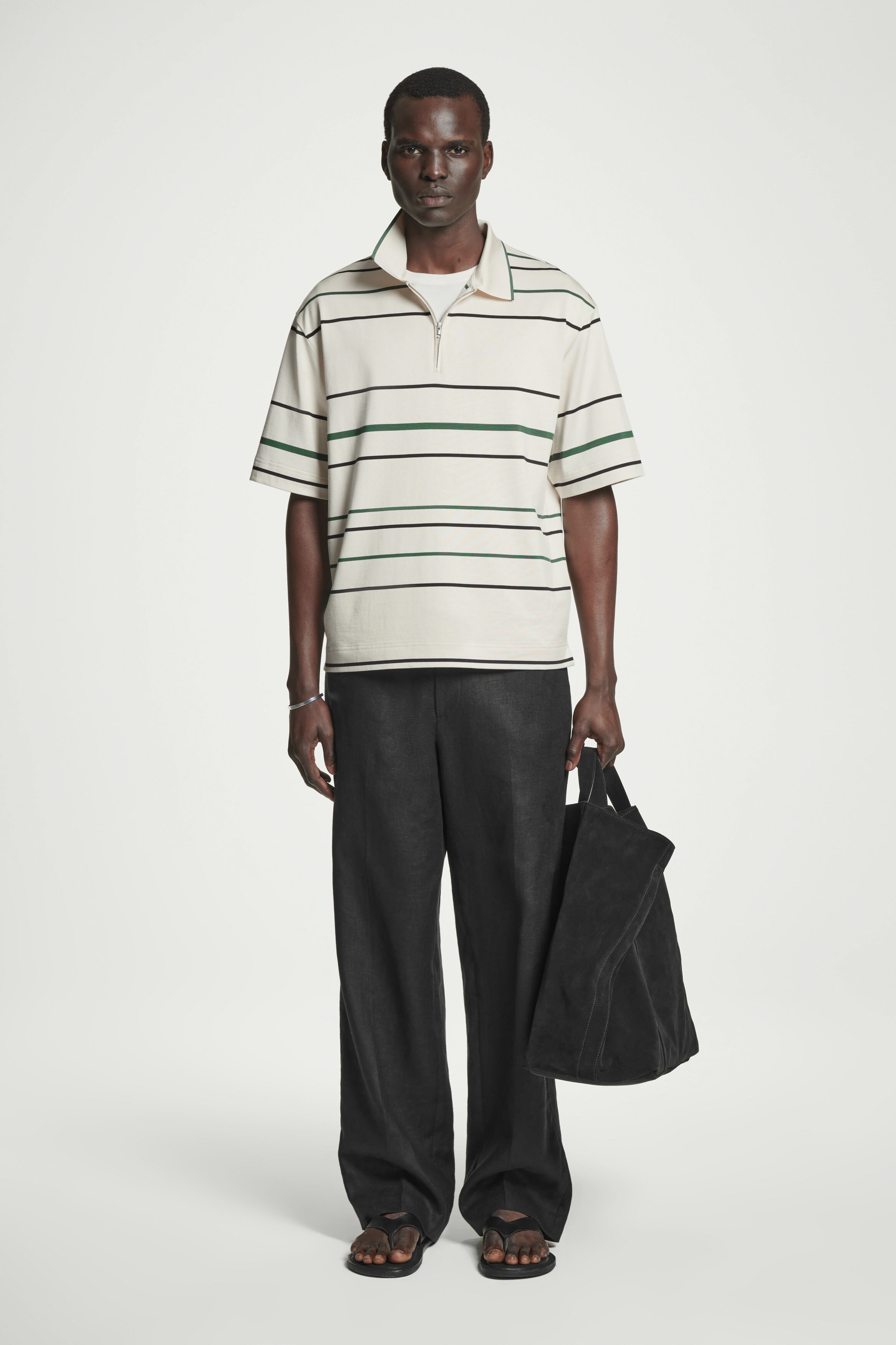 “COS MEN” ハーフジップポロシャツ Ecru/Striped STRIPED HALF-ZIP POLO SHIRT - ECRU / STRIPED | COS