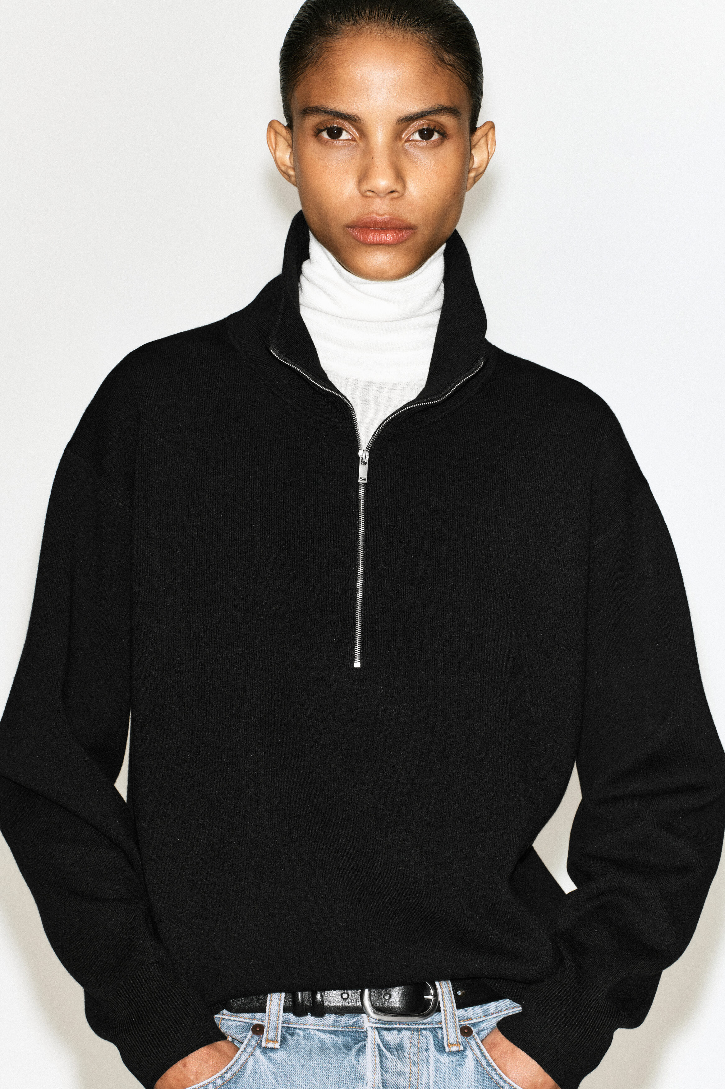 MOCK-NECK HALF-ZIP KNITTED SWEATER - BLACK | COS US