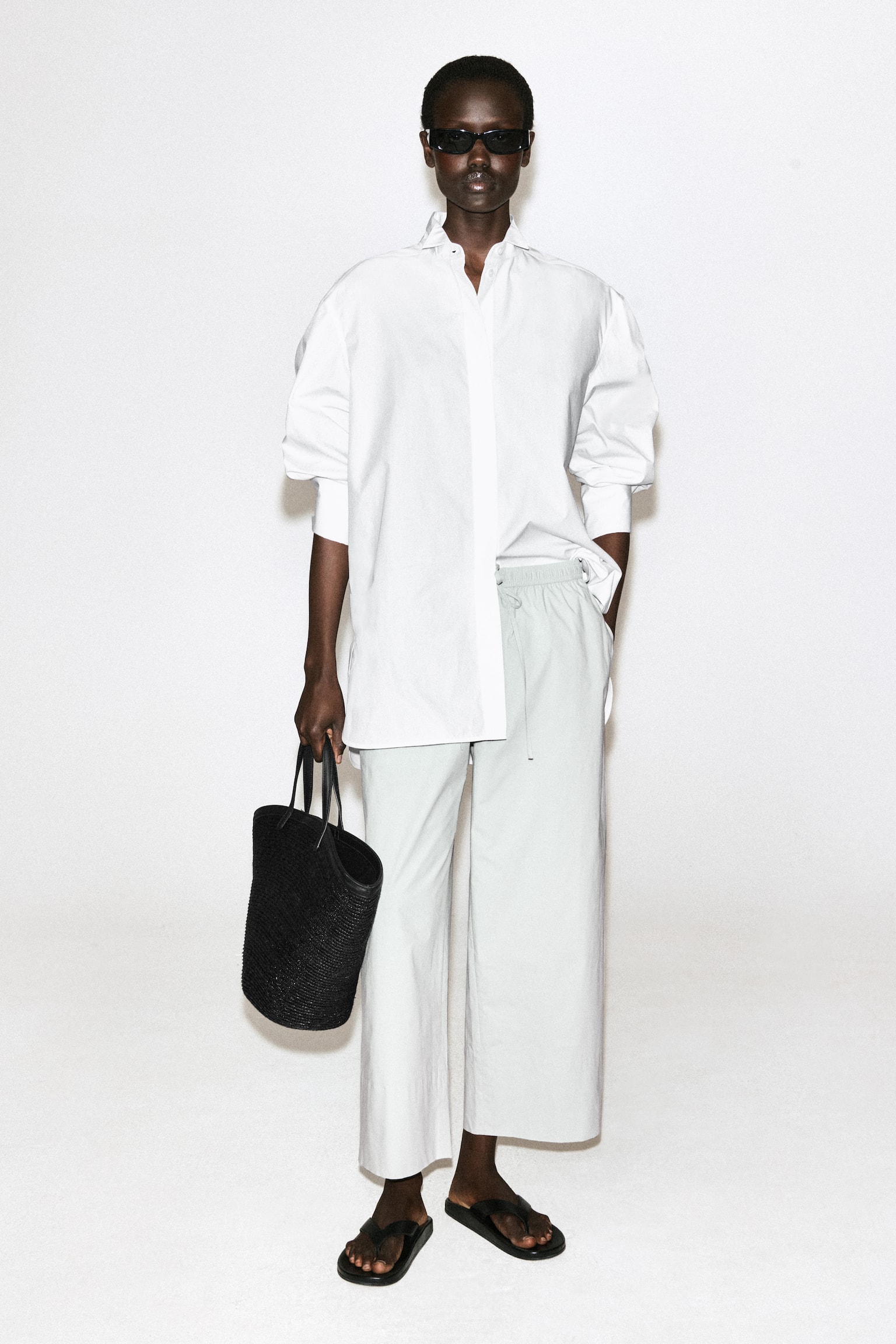 COTTON STRAIGHT-LEG DRAWSTRING TROUSERS - LIGHT GREY/NAVY/WHITE - 1