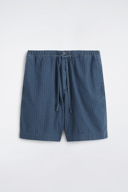 PINSTRIPED DENIM DRAWSTRING SHORTS — INDIGO / PINSTRIPED 9