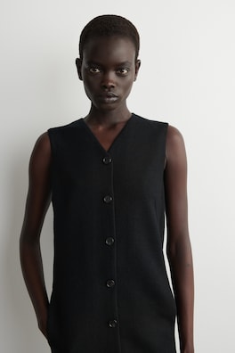 MERINO WOOL BUTTONED SHIFT MINI DRESS — BLACK 2