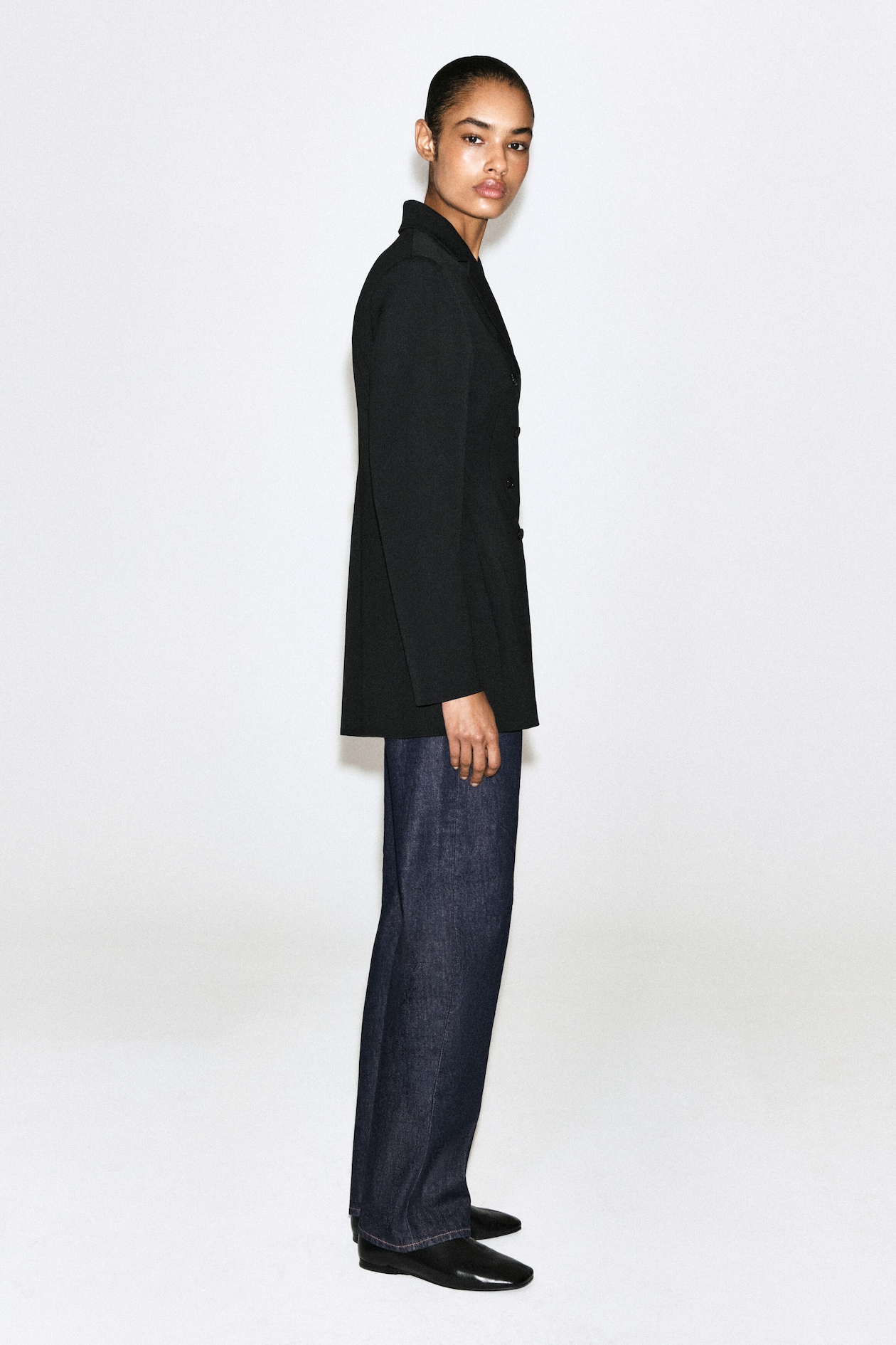 DOUBLE-BREASTED PEPLUM BLAZER — BLACK