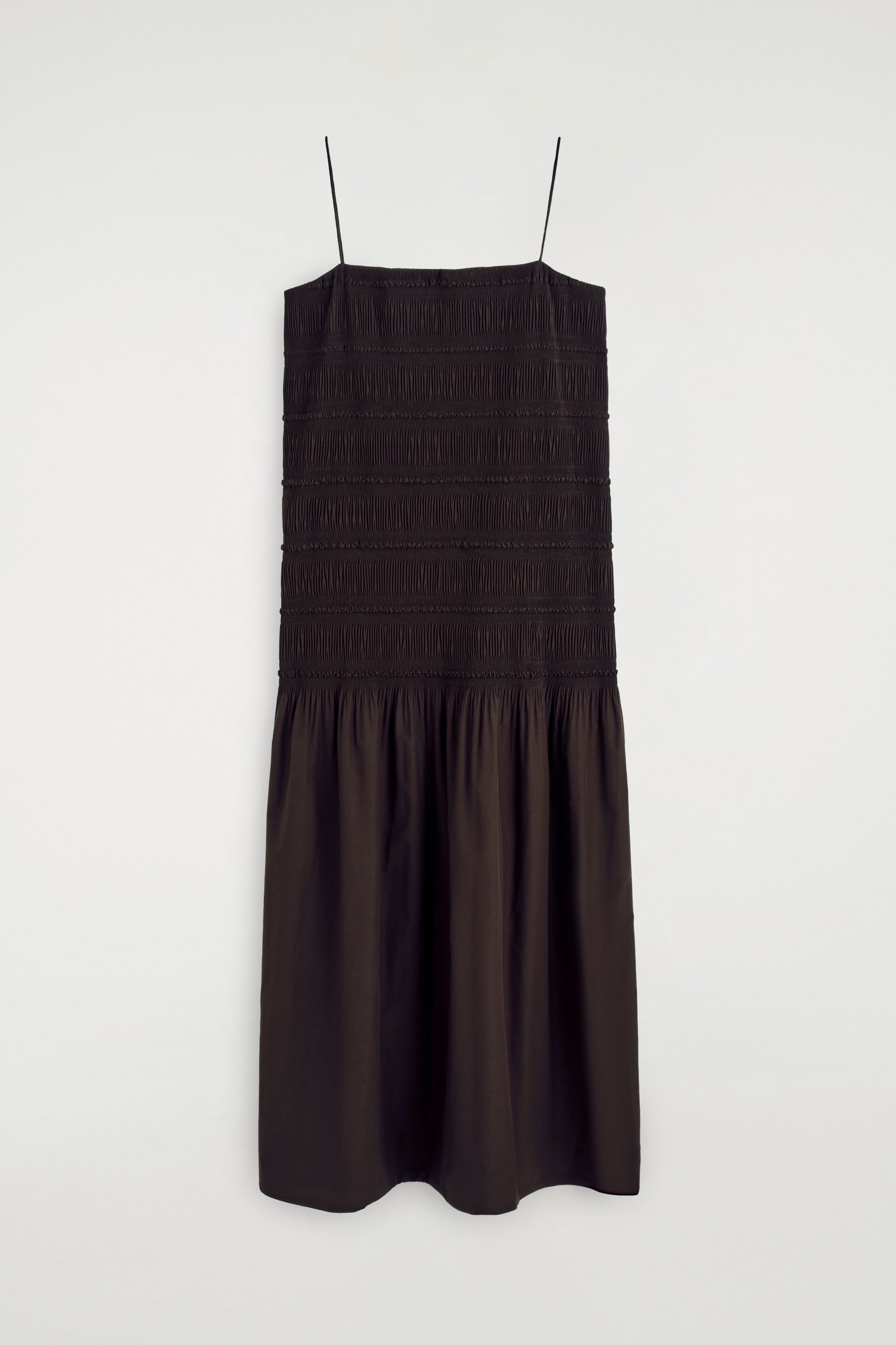 MIDIKLEID AUS POPELINE MIT RAFFUNGEN - DUNKELBRAUN/ELFENBEIN
