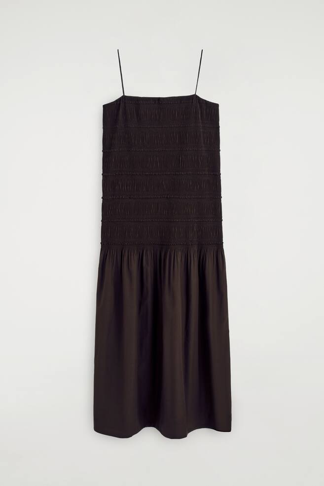 VESTIDO MIDI DE POPELINA CON CINTURA FRUNCIDA - MARRÓN OSCURO/MARFIL - 1