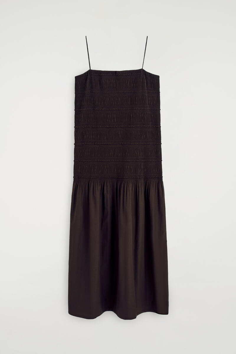 Ruched Dropped-Waist Poplin Midi Dress