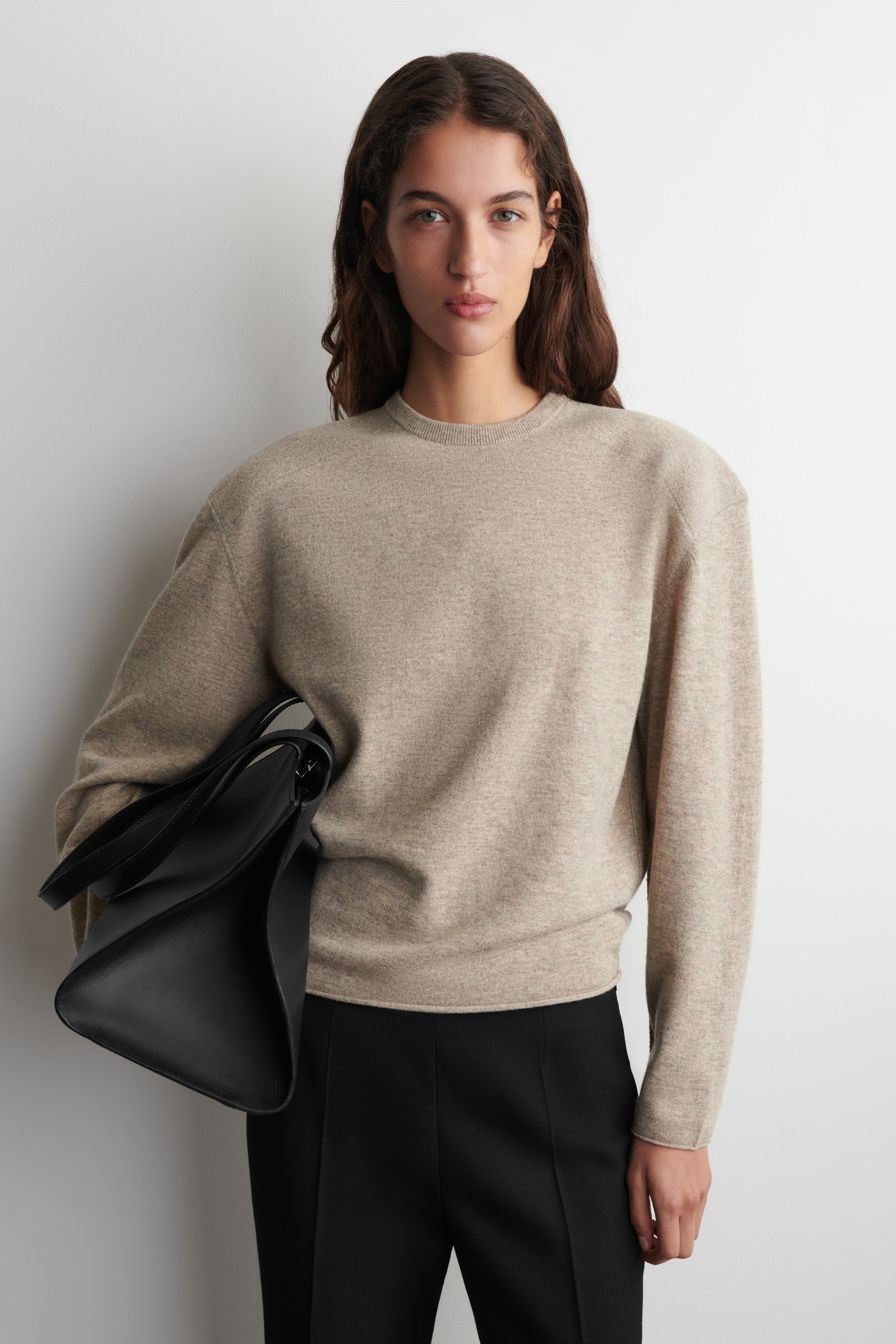MERINO WOOL CREW-NECK JUMPER - BEIGE MÉLANGE/ORANGE/DARK BROWN