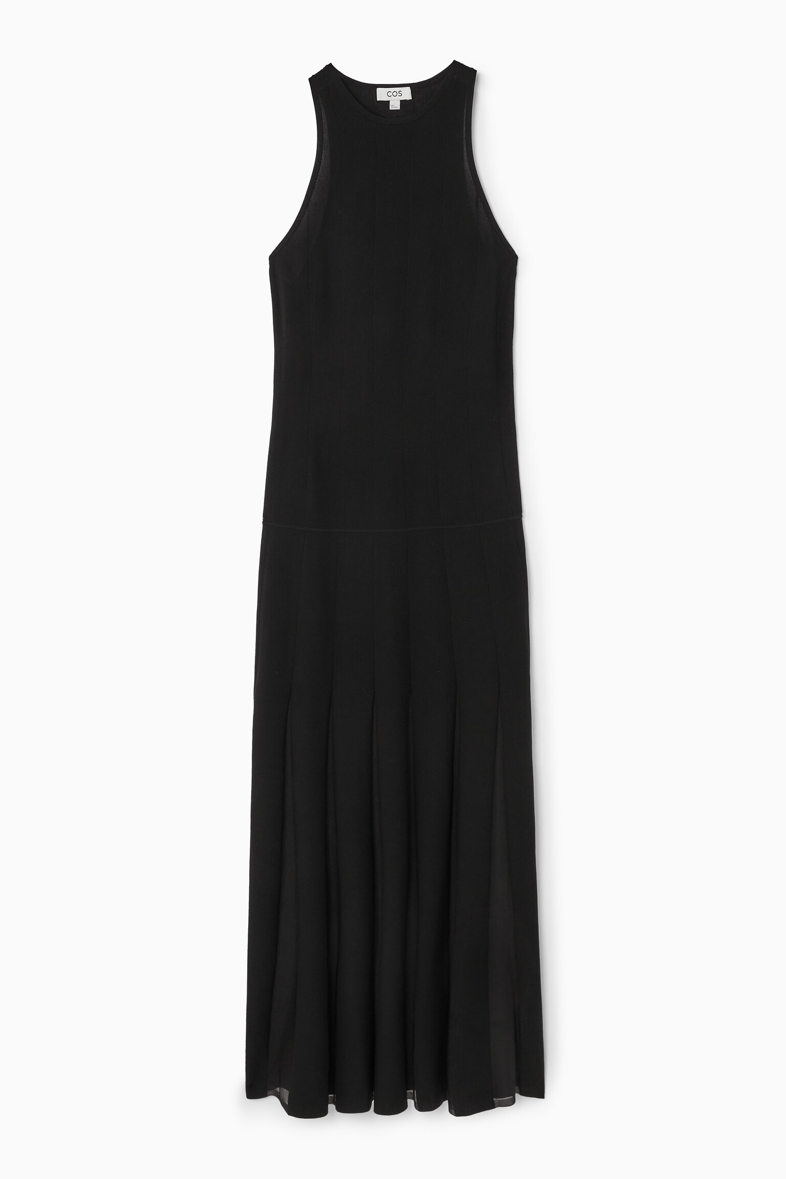 PLEATED RACER-NECK MAXI DRESS - BLACK