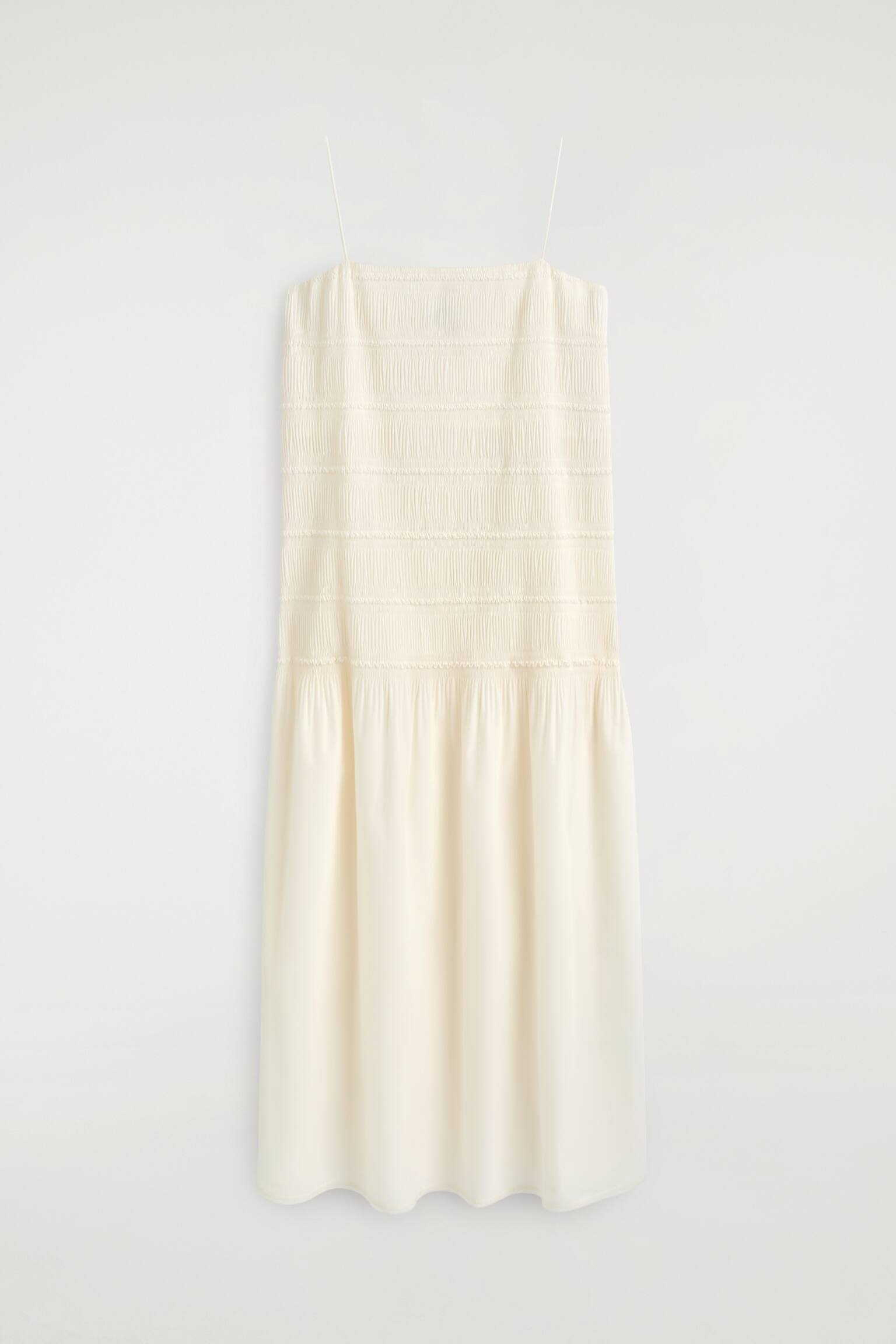 RUCHED DROPPED-WAIST POPLIN MIDI DRESS - שנהב - 1