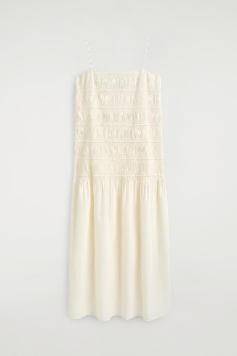 COS Ruched Dropped-Waist Poplin Midi Dress White Women's Size 44