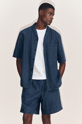 PINSTRIPED DENIM DRAWSTRING SHORTS — INDIGO / PINSTRIPED 6