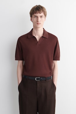 KNITTED LINEN POLO SHIRT — BROWN 1