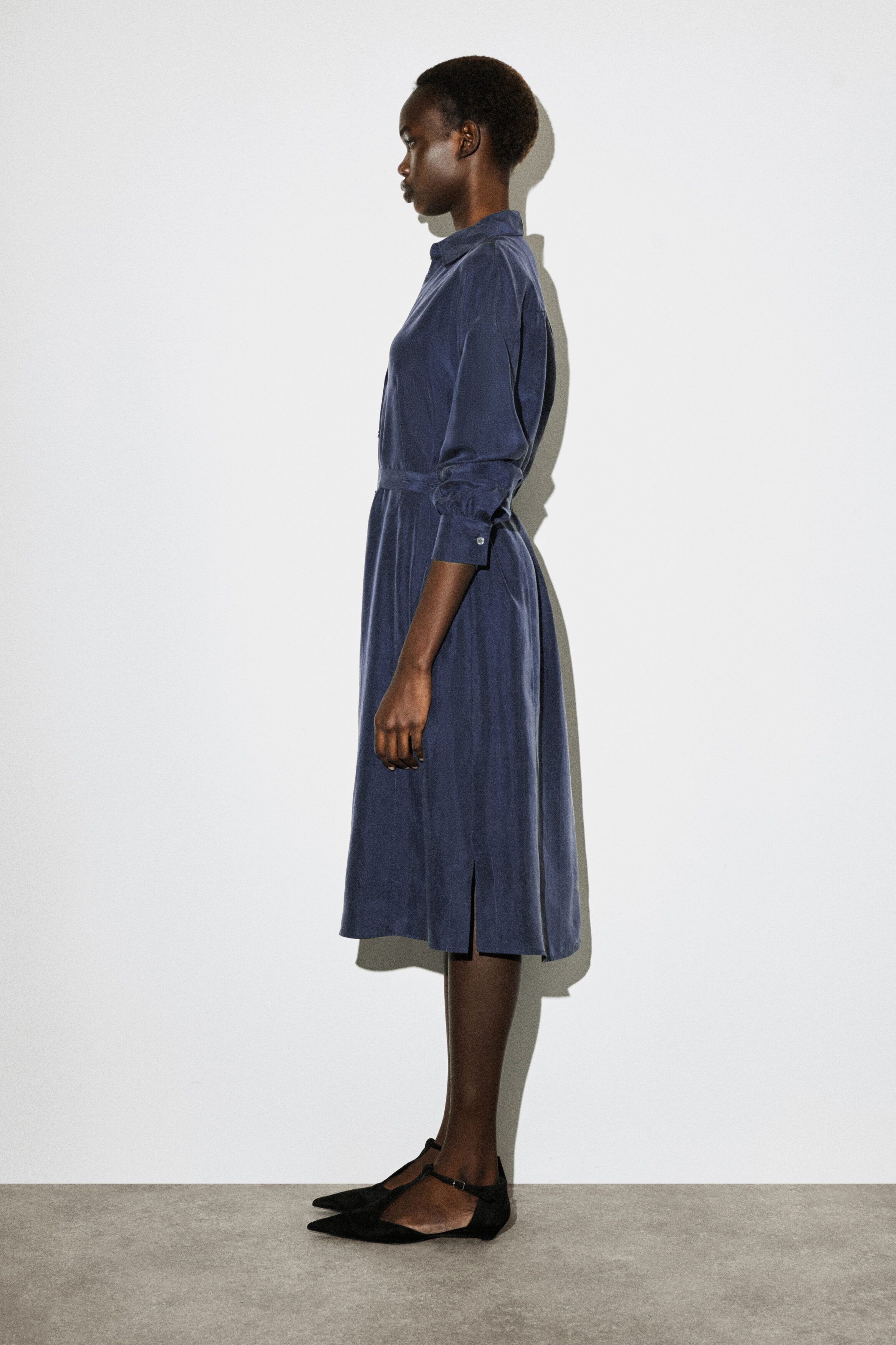 GATHERED CRINKLED-SILK MIDI SHIRT DRESS - NAVY | COS