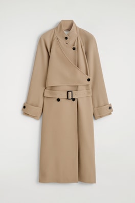 WRAP-OVER WOOL-TWILL TRENCH COAT — BEIGE 8