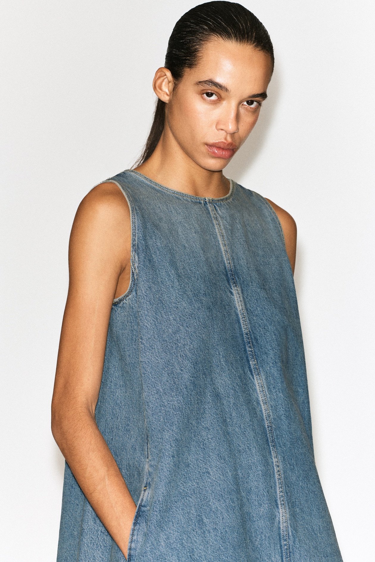 DENIM A-LINE MINI DRESS — BLUE