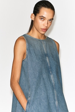 DENIM A-LINE MINI DRESS — BLUE 2