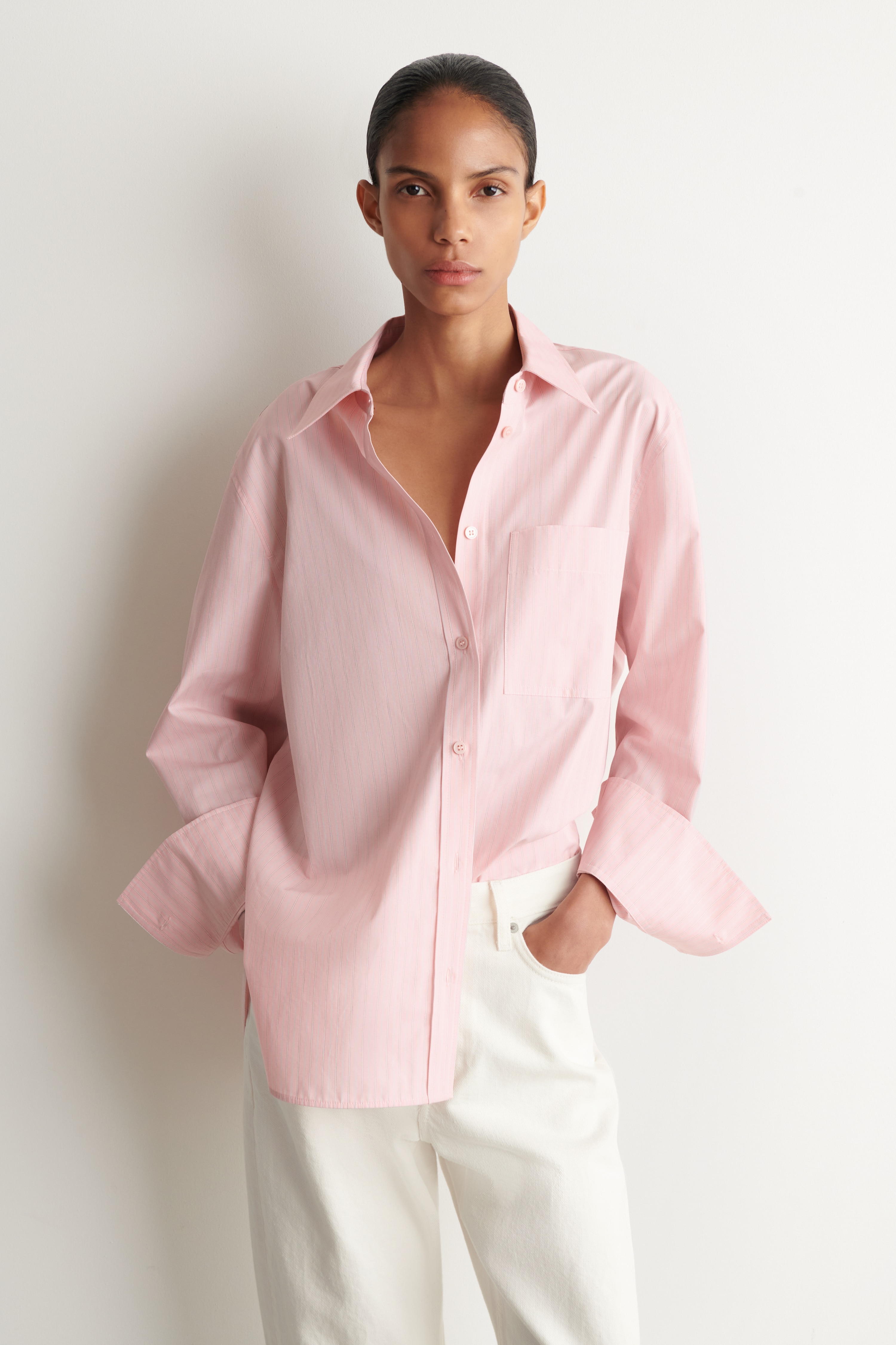 Camisa de algodão às riscas - Rosa / às riscas