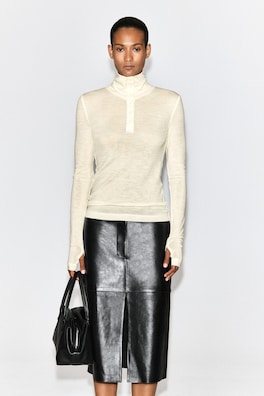 MERINO WOOL BUTTONED MOCK-NECK TOP — IVORY 1