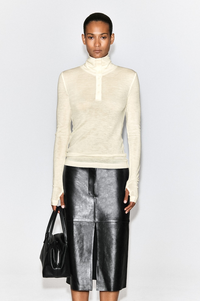 MERINO WOOL BUTTONED MOCK-NECK TOP — IVORY