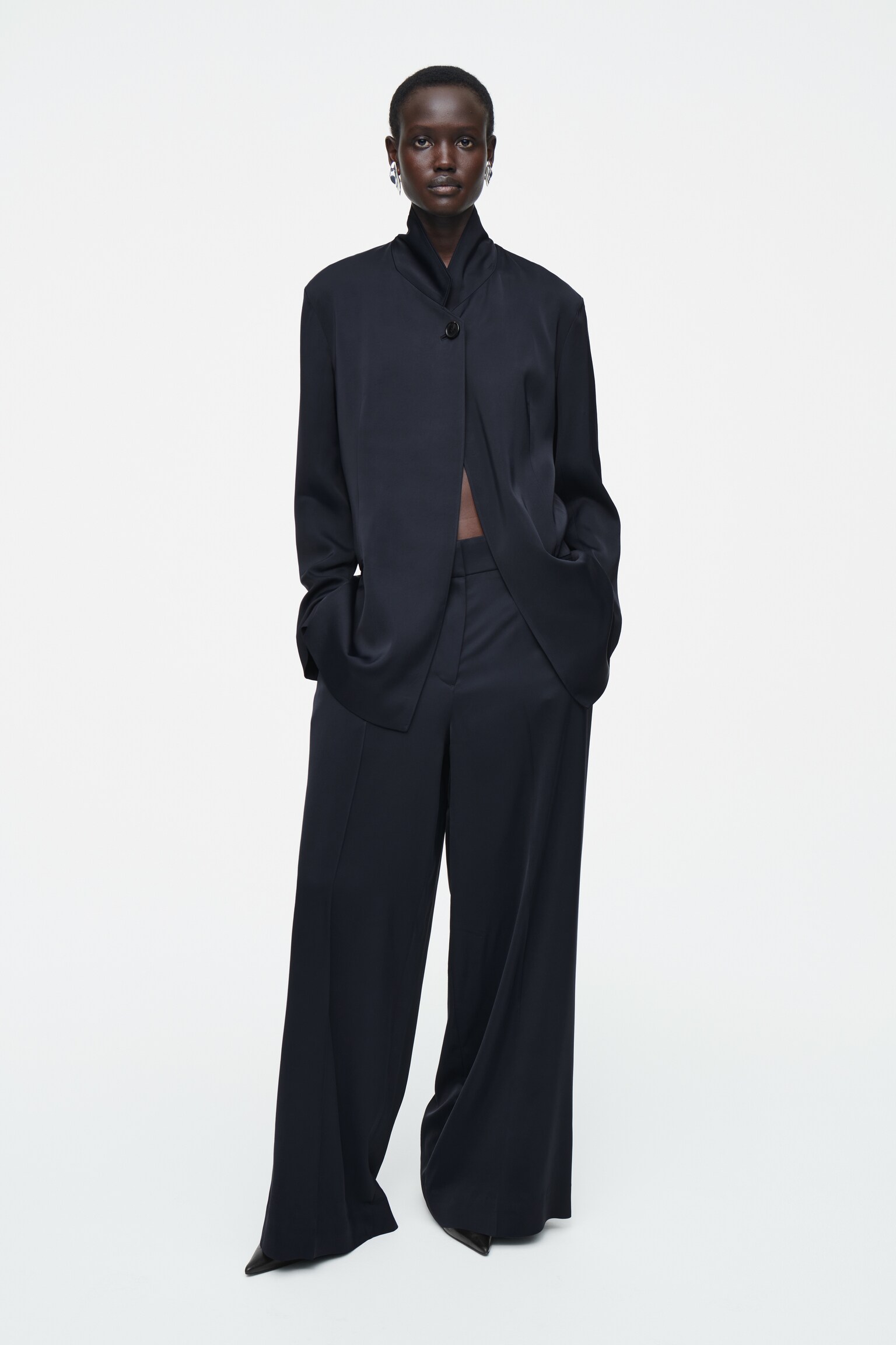 TAILORED SATIN WIDE-LEG TROUSERS - NAVY