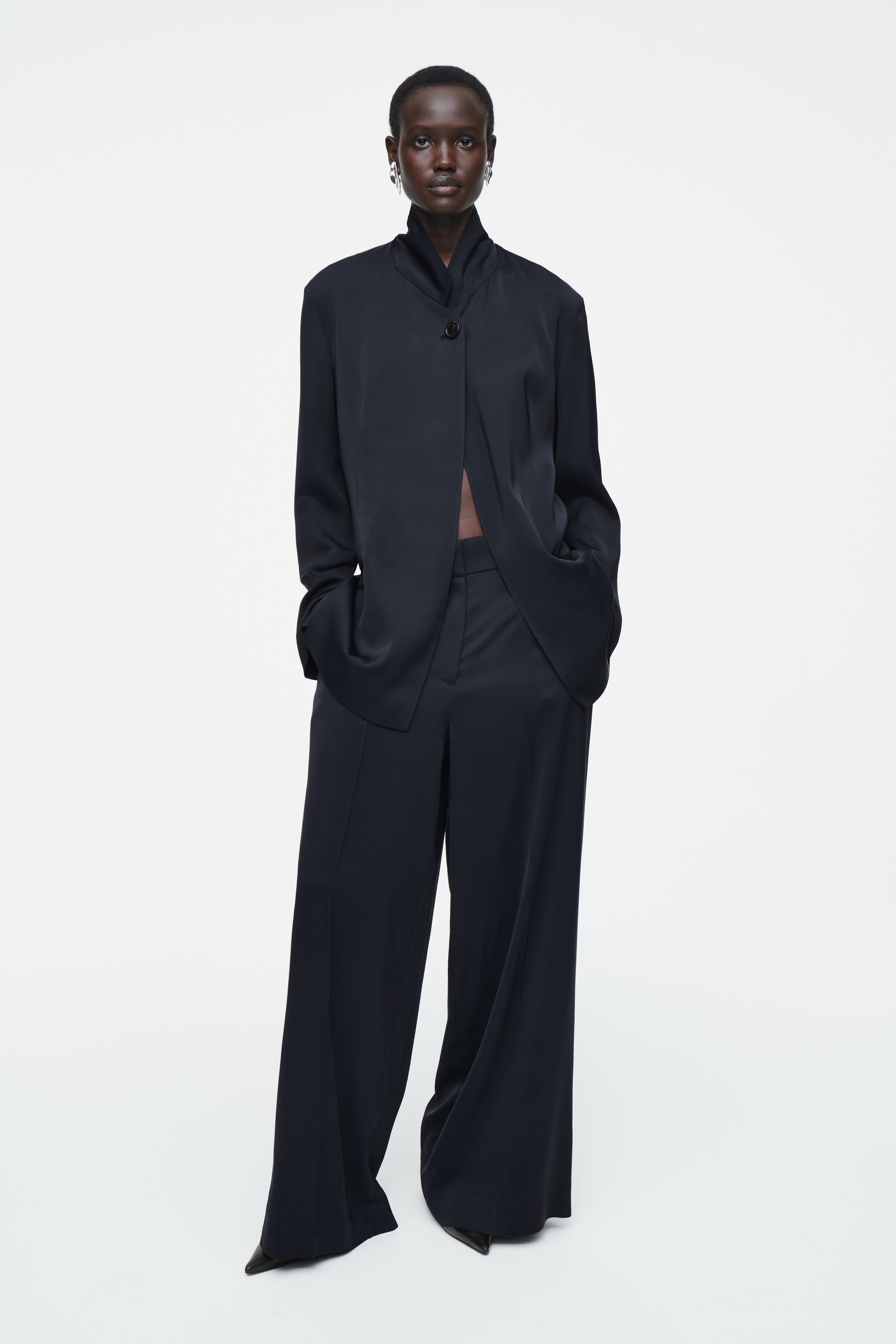 TAILORED SATIN WIDE-LEG TROUSERS - NAVY | COS