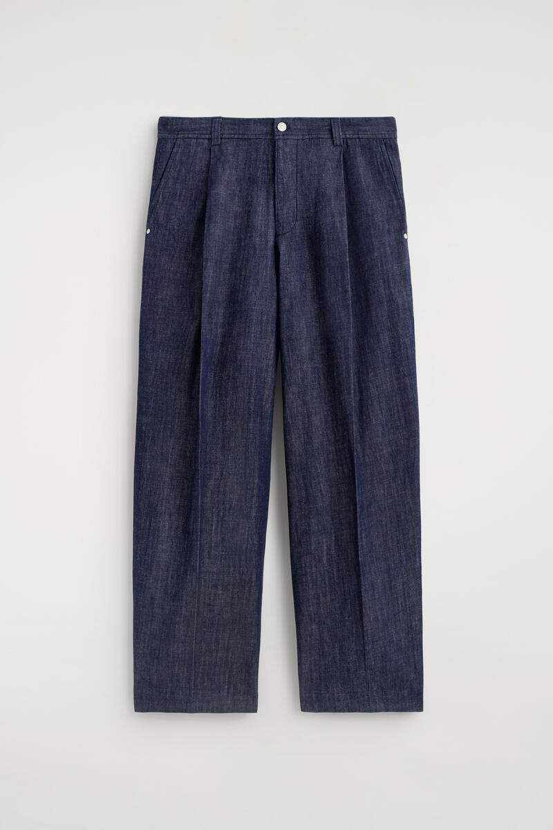 Pleated Wide-Leg Denim Pants in Indigo