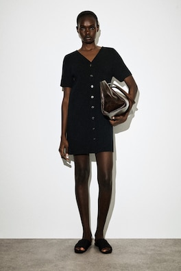 BUTTONED MILANO-KNIT MINI DRESS — BLACK 1