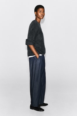 ELASTICATED BARREL-LEG DENIM PANTS — DARK BLUE 4