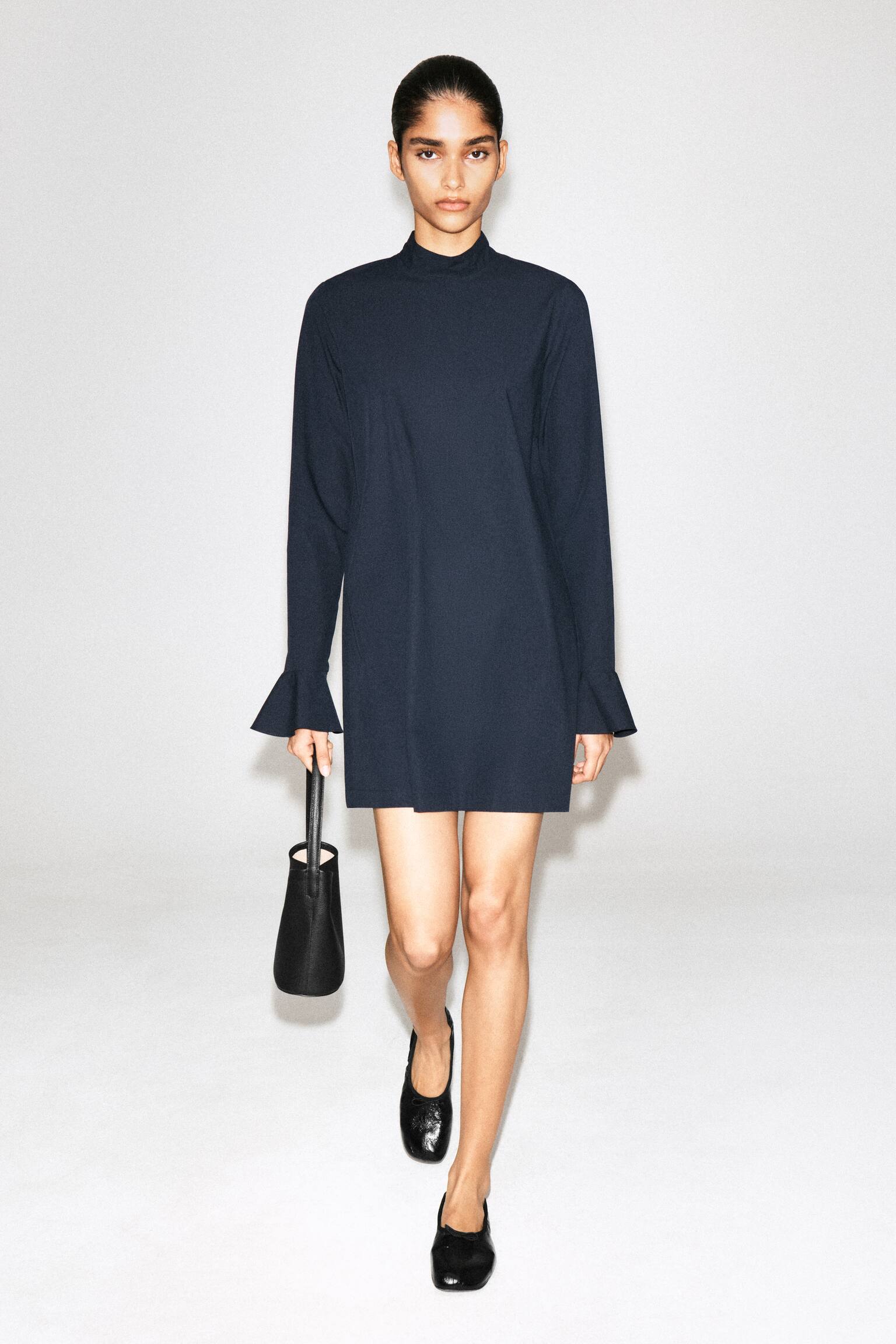 FLARED-CUFF COTTON MINI DRESS - כחול נייבי - 1