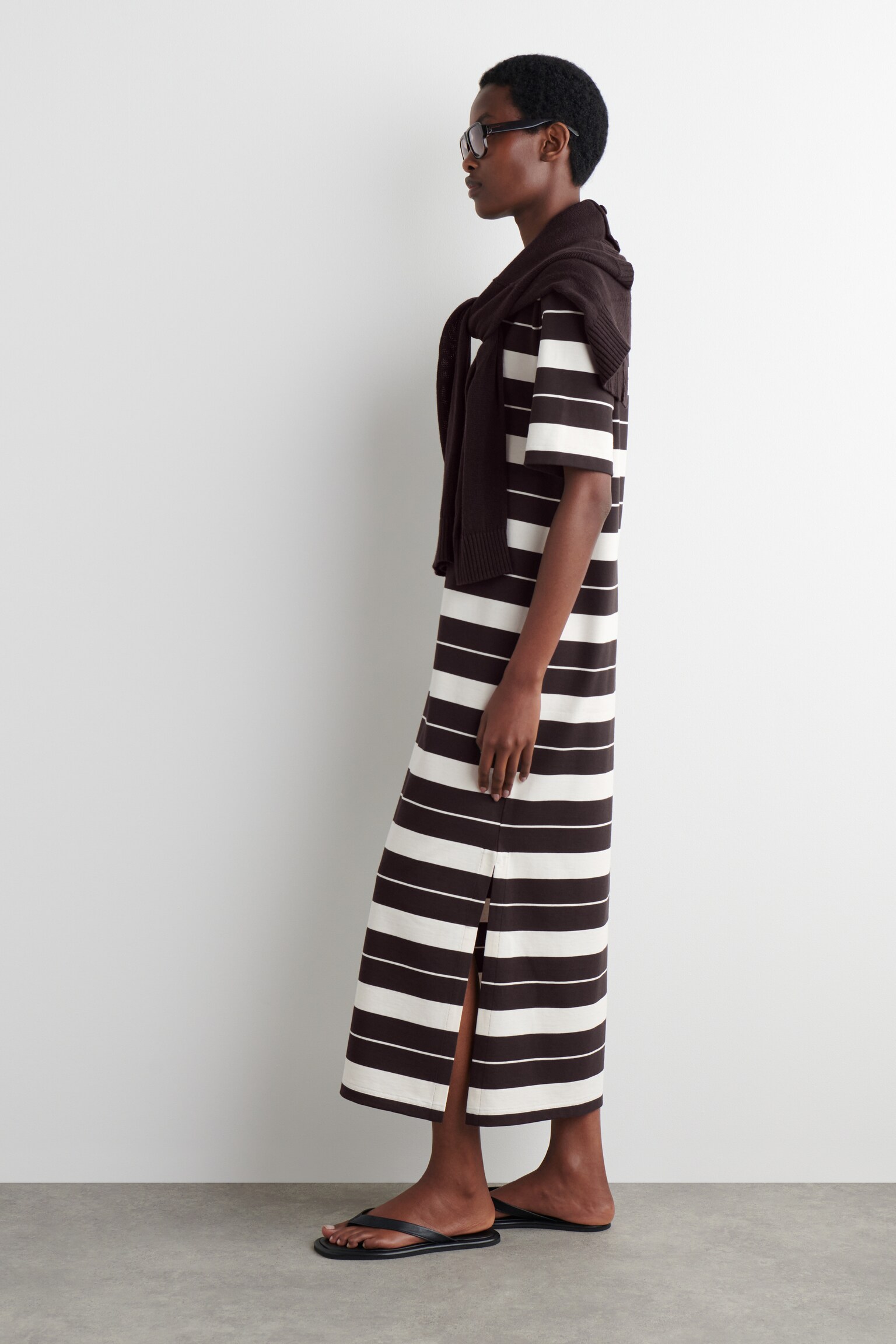 ROBE T-SHIRT MIDI EN COTON - BRUN / BLANC / RAYURES/NOIR/ORANGE - 4