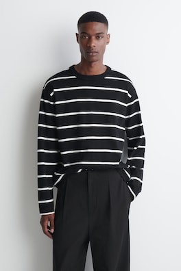 RELAXED JERSEY INTERLOCK LONG-SLEEVED T-SHIRT — BLACK / WHITE / STRIPED 1