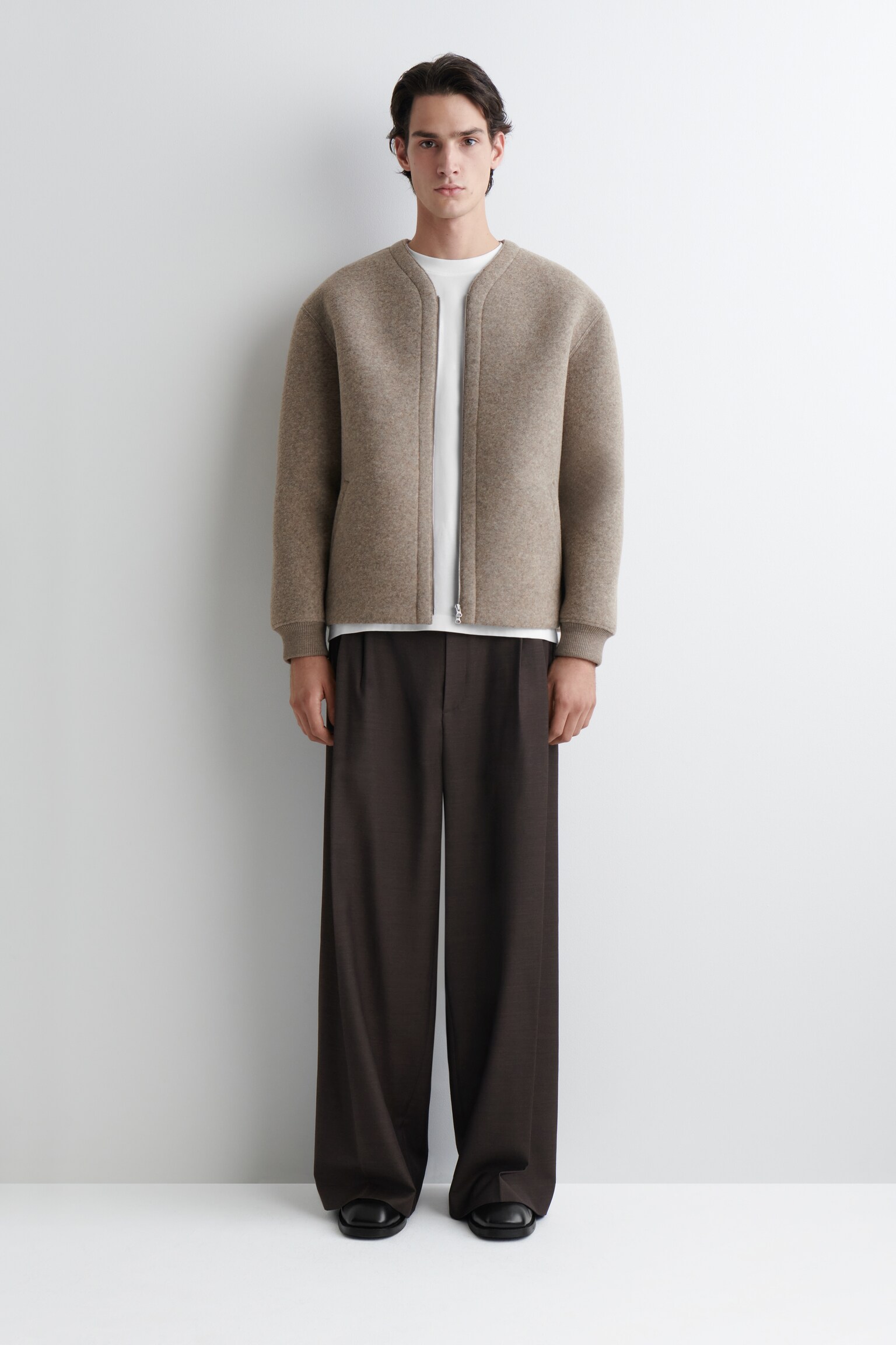 OVERSIZED FELTED-SCUBA ZIP-UP CARDIGAN - BEIGE - 3
