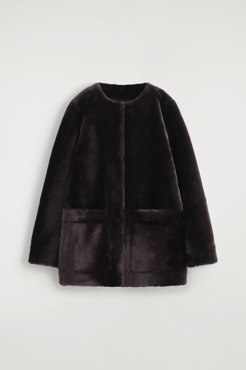 Cos Collarless Shearling Jacket In Brown