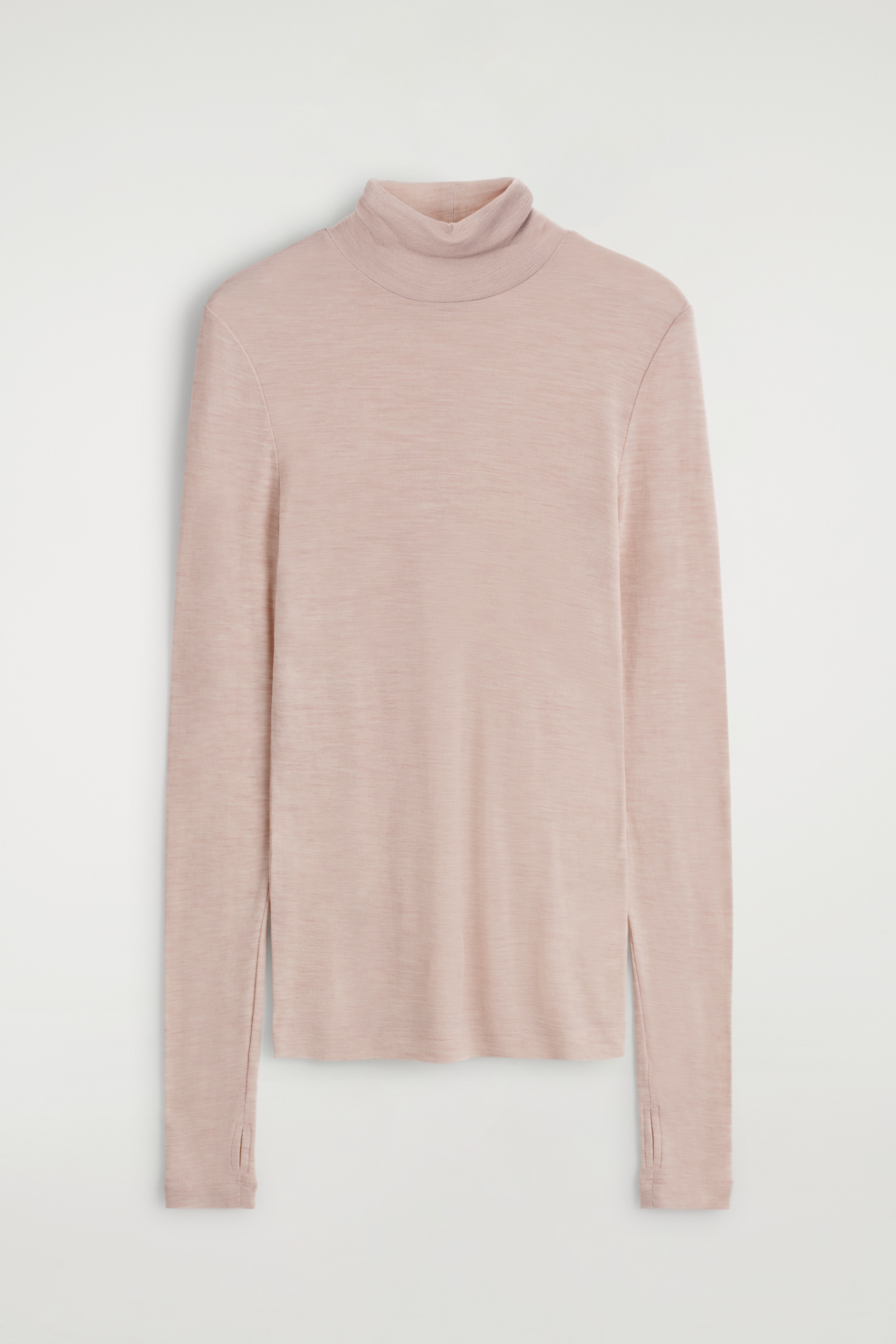 View larger image: A light pink, slim-fit, long-sleeved top is being presented from the FRONT, featuring a double-layered high neckline and thumbhole cuffs.