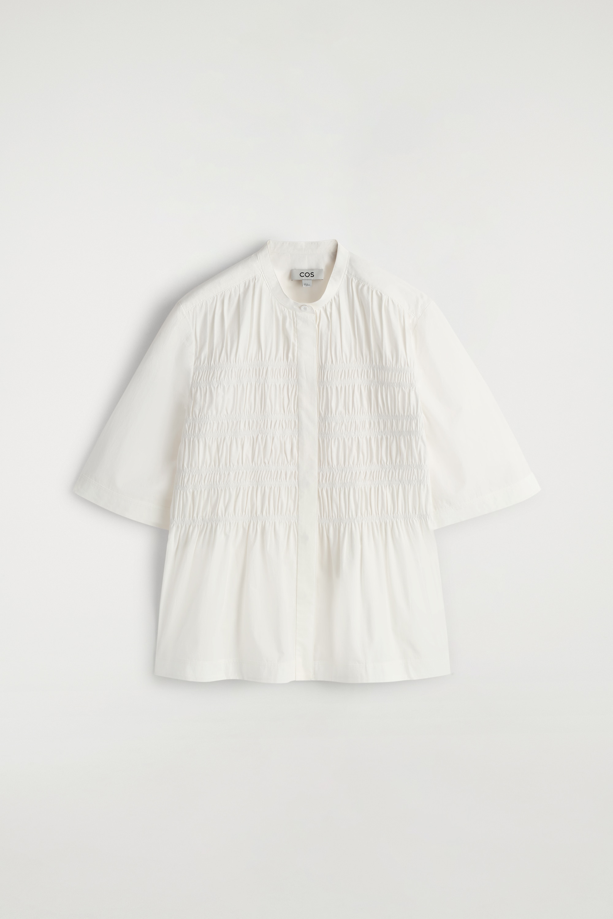 RUCHED COTTON BLOUSE - לבן/אפור בהיר