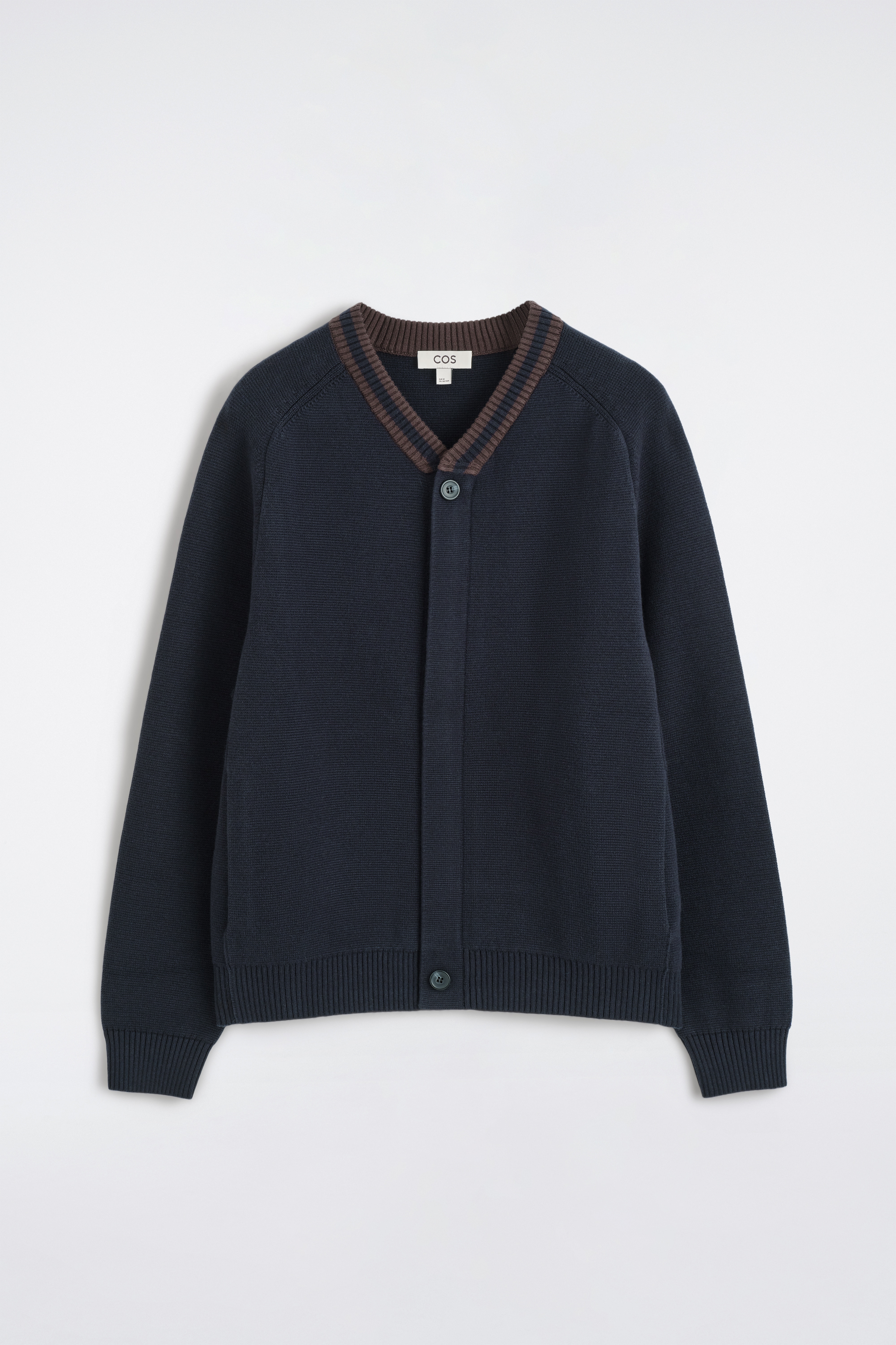 STRIPED-COLLAR COTTON-BLEND CARDIGAN - NAVY / BROWN