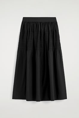 TIERED GATHERED MIDI SKIRT — BLACK 6