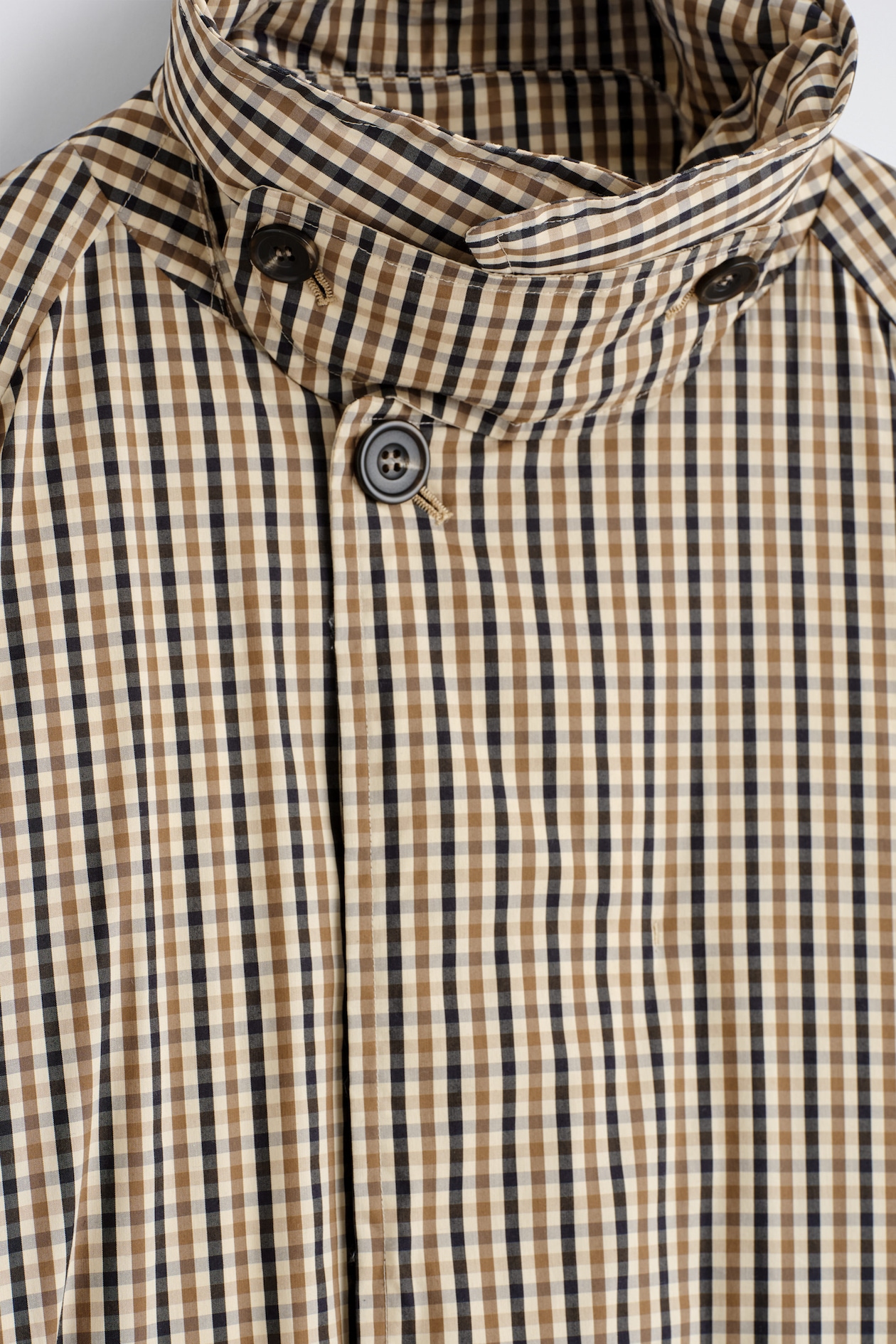 PADDED BELTED FUNNEL-NECK LONG COAT — BEIGE / CHECKED