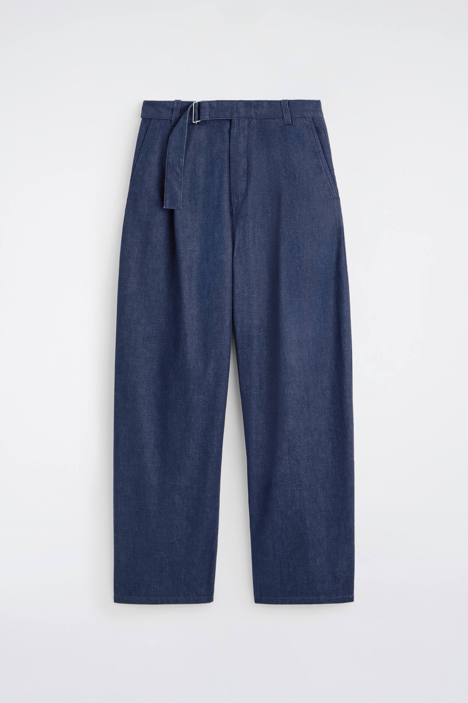 BELTED DENIM RELAXED-FIT BARREL-LEG TROUSERS - BLUE - 2