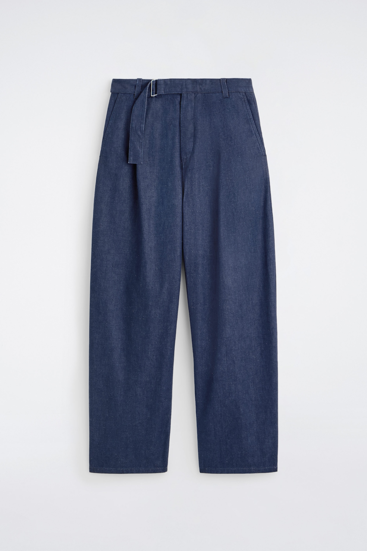 BELTED DENIM RELAXED-FIT BARREL-LEG TROUSERS