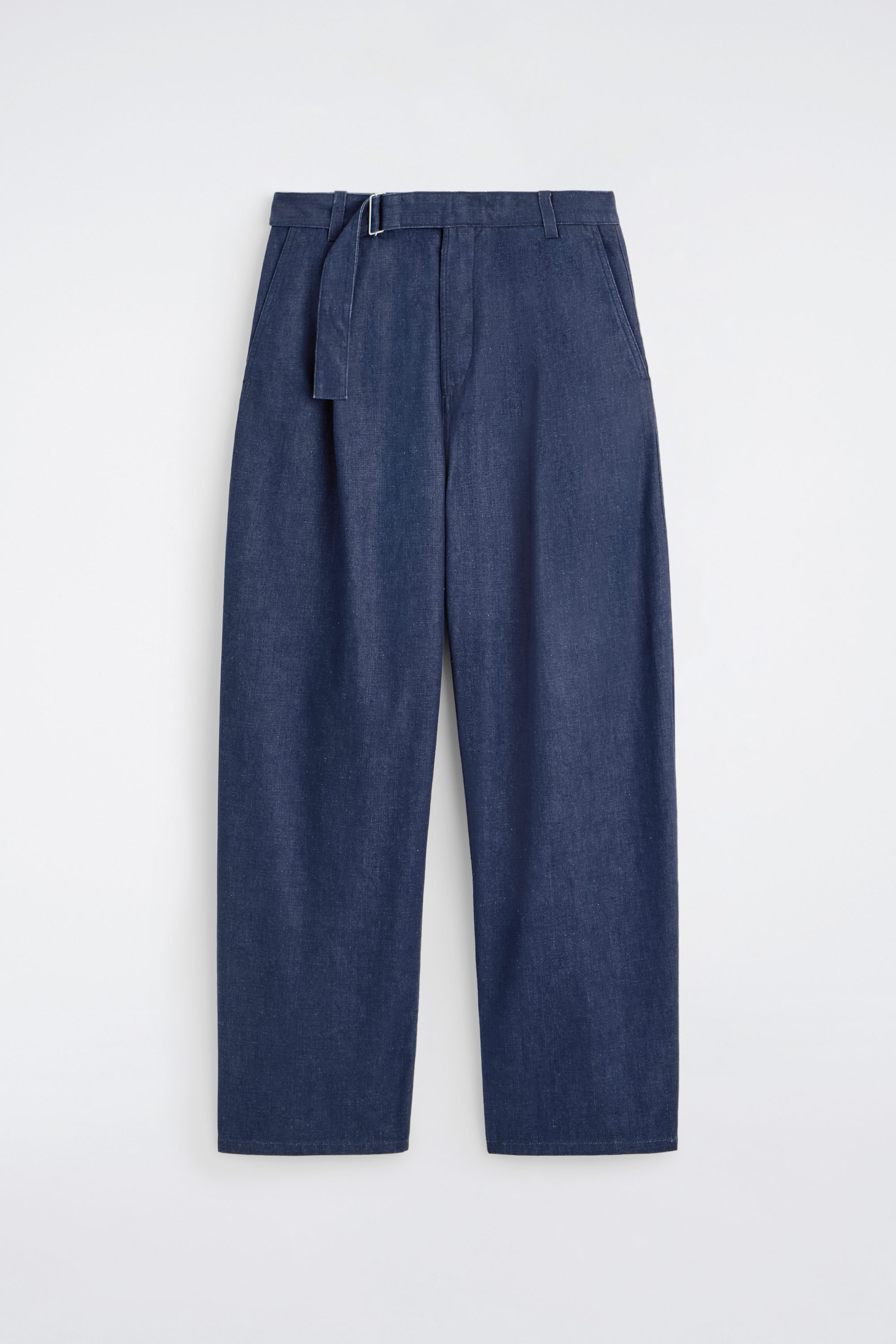 BELTED DENIM RELAXED-FIT BARREL-LEG TROUSERS