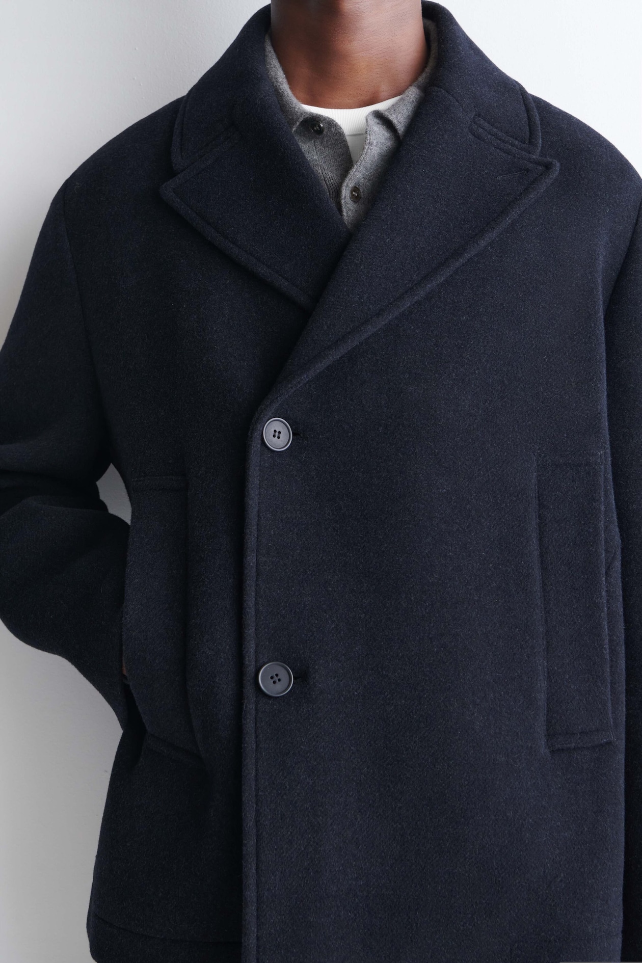 DOUBLE-BREASTED WOOL SHORT PEA COAT — NAVY MÉLANGE