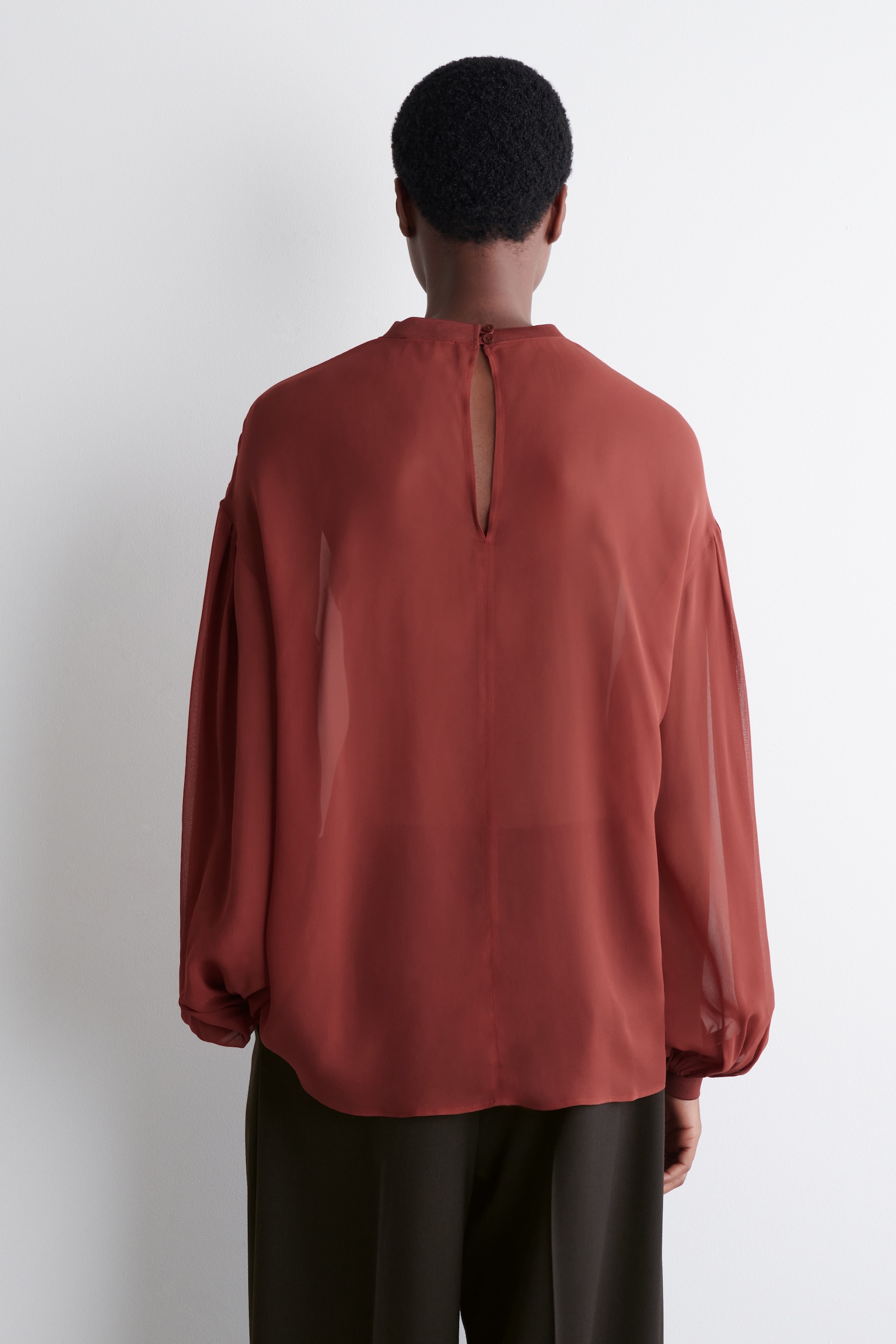 BLUSA TRASPARENTE CON MANICHE A PALLONCINO - ROSSO SCURO/CELESTE - 3