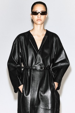 PANELED LEATHER LONG COAT — BLACK 5