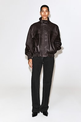 LEATHER MOCK-NECK BOMBER JACKET — DARK BROWN 1