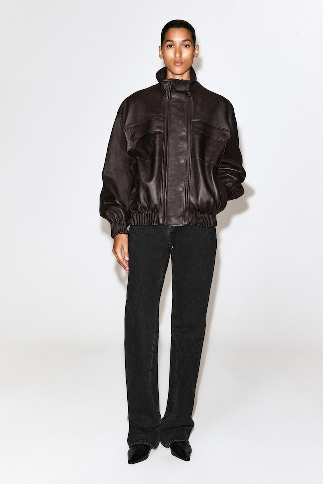 LEATHER MOCK-NECK BOMBER JACKET — DARK BROWN