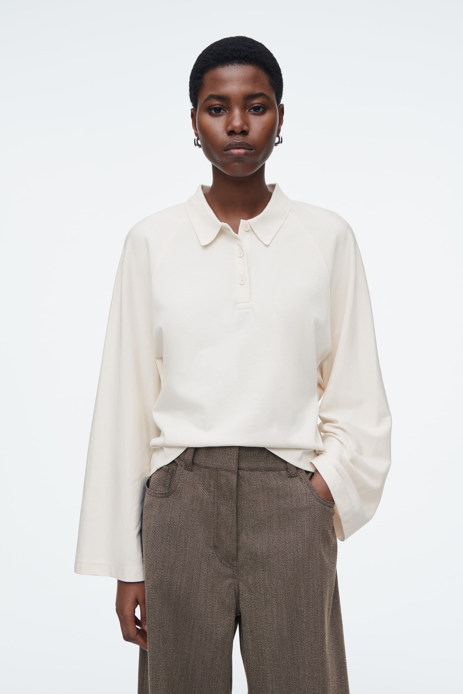 BOXY LONG-SLEEVED POLO SHIRT - ECRU