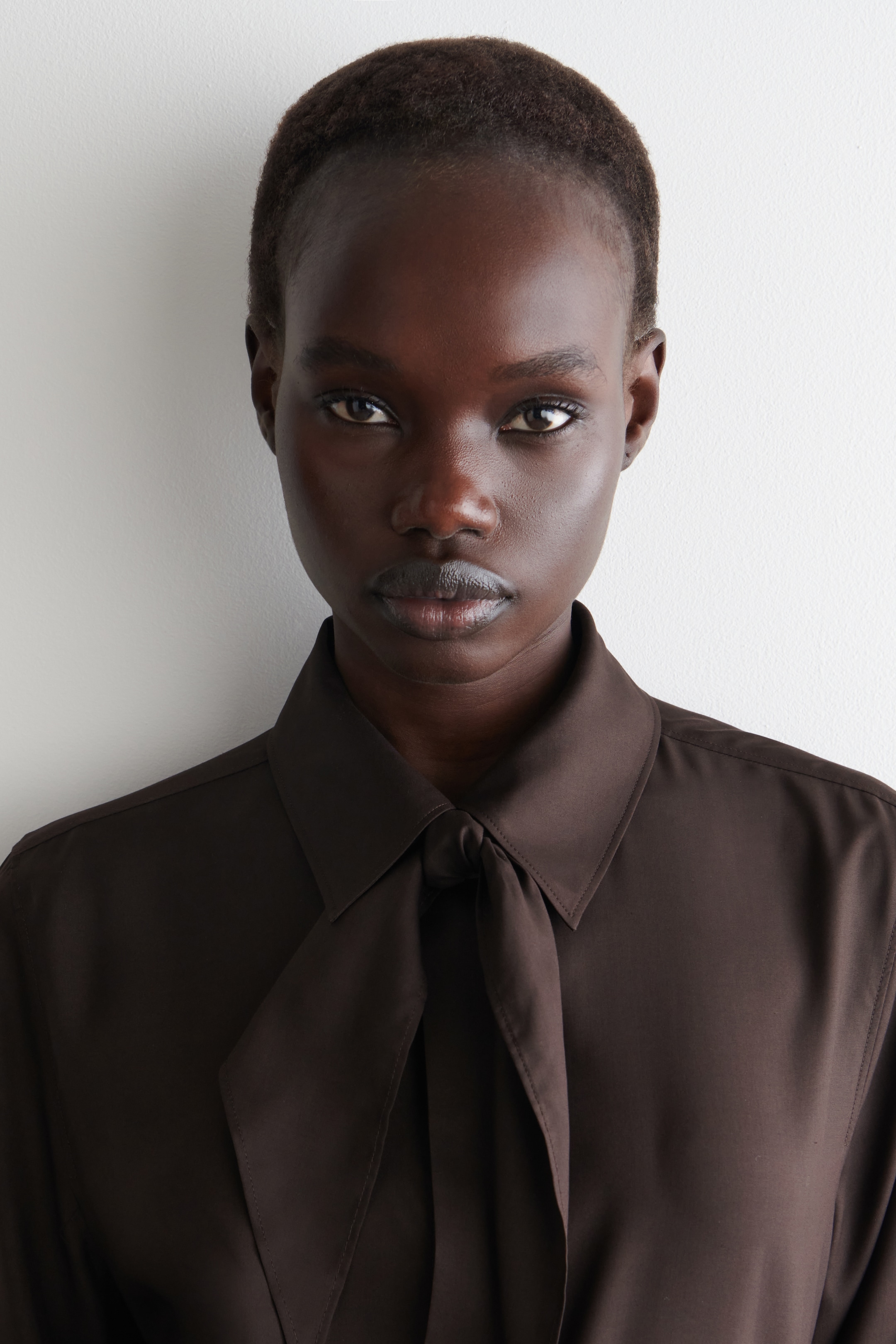 Ver imagen más grande: Se presenta una blusa de color marrón oscuro, con un cuello en punta y un detalle destacado de lazo en el cuello. El lazo se anuda en la parte delantera, con extremos de tela anchos que caen sobre el material liso.